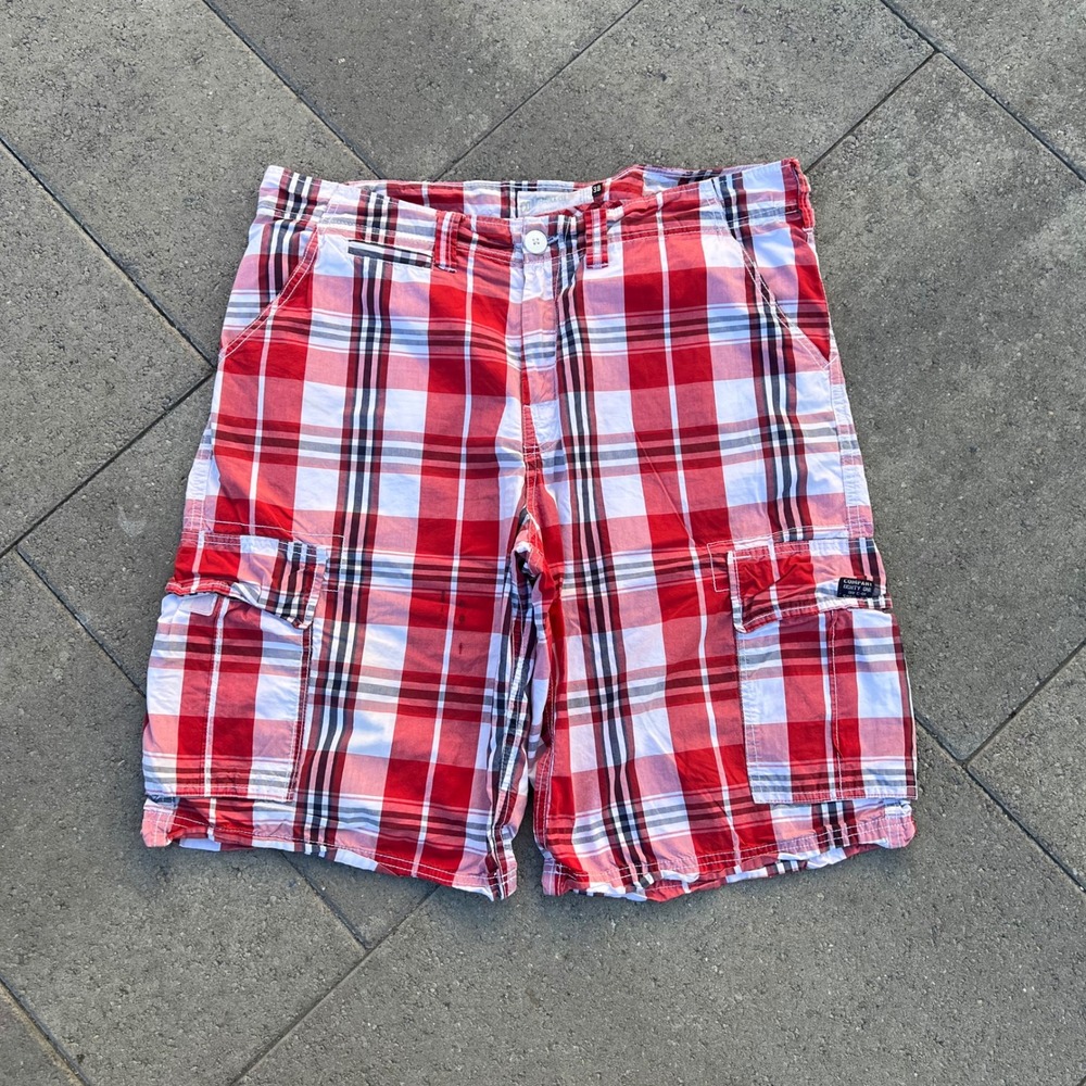 Company Eighty One Mens Plaid Cargo Shorts Red White Black Size 38 Utility